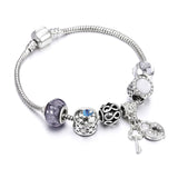 Bobosgirl Jewelry Women Charm Bracelet Purple Crystal Silver Key Heart Beads Ladies Chain Bangles Accessories DIY Pulseras mujer