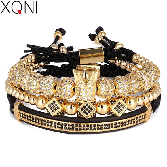 3pcs/Set Punk CZ Micro Pave Crown Beads Bracelet For Men Women Braided Rope Chain Luxury Fashion Jewelry Gift Resize 16-25cm