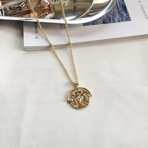 Vintage Carved Coin Necklace For Women Fashion Gold Silver Color Medallion Necklace Trendy Pendant Long Necklaces Boho Jewelry
